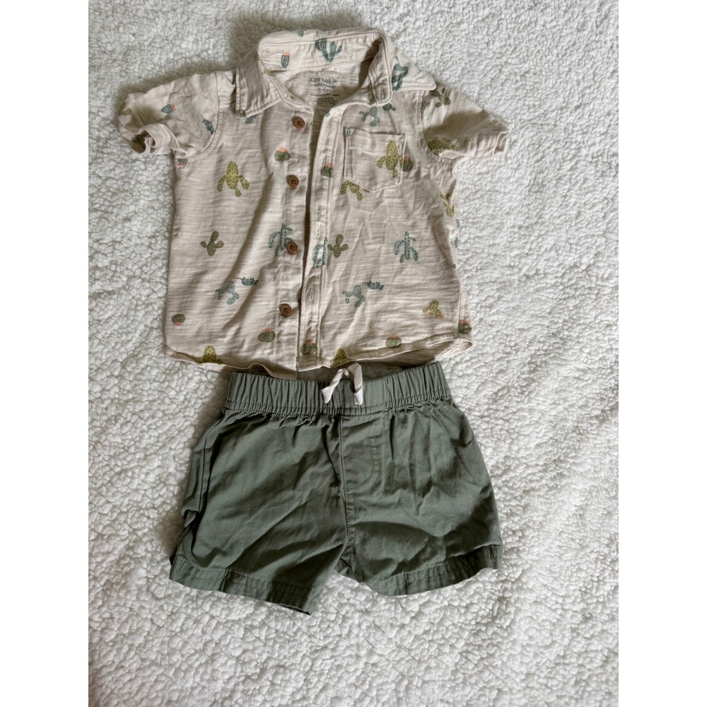 Carter's Shirt and Shorts Set Baby Boy 3-6M Green Beige Excellent Cactus Print